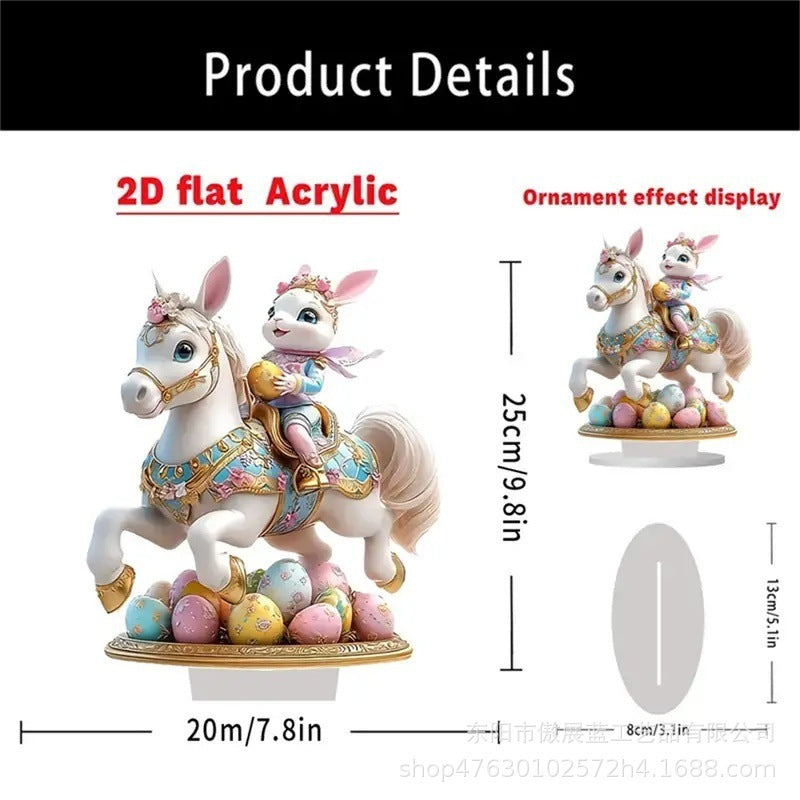 Decorative bunny and horse figurine with a flat acrylic design, showing dimensions and ornament effect display.