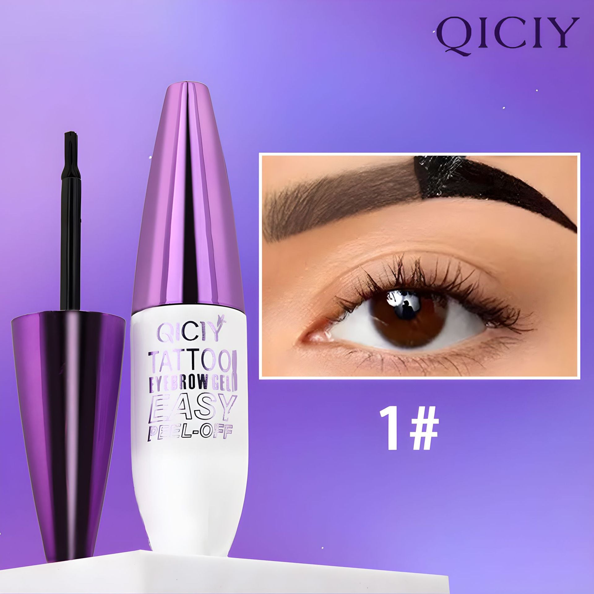 1-Natural QICIY tattoo eyebrow gel with applicator and close-up of an eye wearing the product on a purple background.