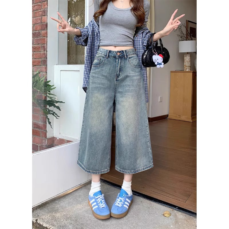 Retro Denim Wide-Leg Cropped Jeans | Women's High-Waist, Available in Plus Sizes
