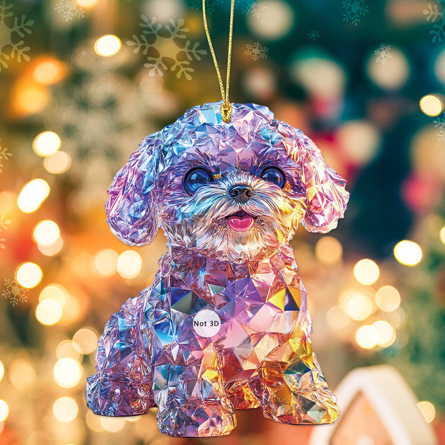 Colorful crystal dog ornament against a festive background with lights and decorations.