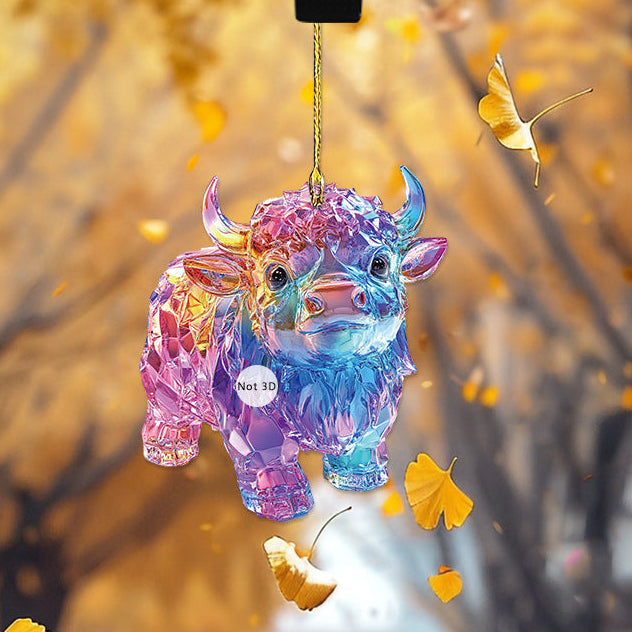 Colorful crystal bull ornament hanging from a car's rearview mirror with a blurred autumn background.
