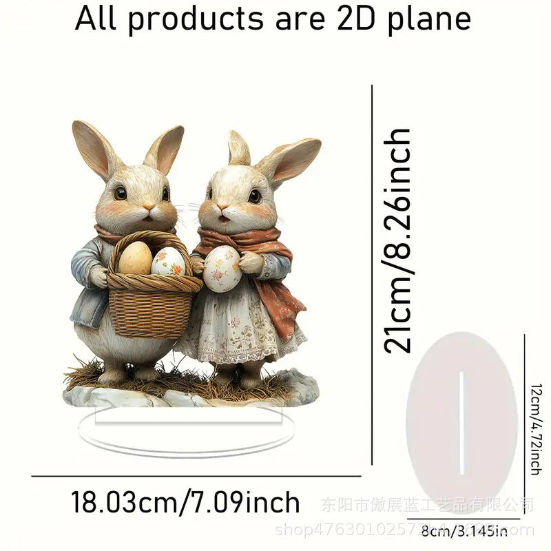 Decorative figurine of two rabbits with a basket of eggs, with measurements indicated.