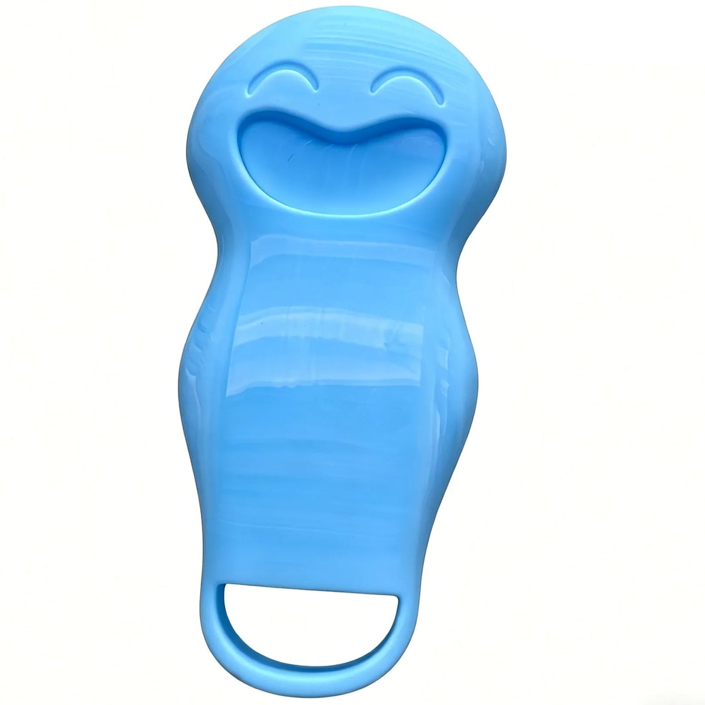 Back of Blue silicone scrubber with a smiley face on a white background