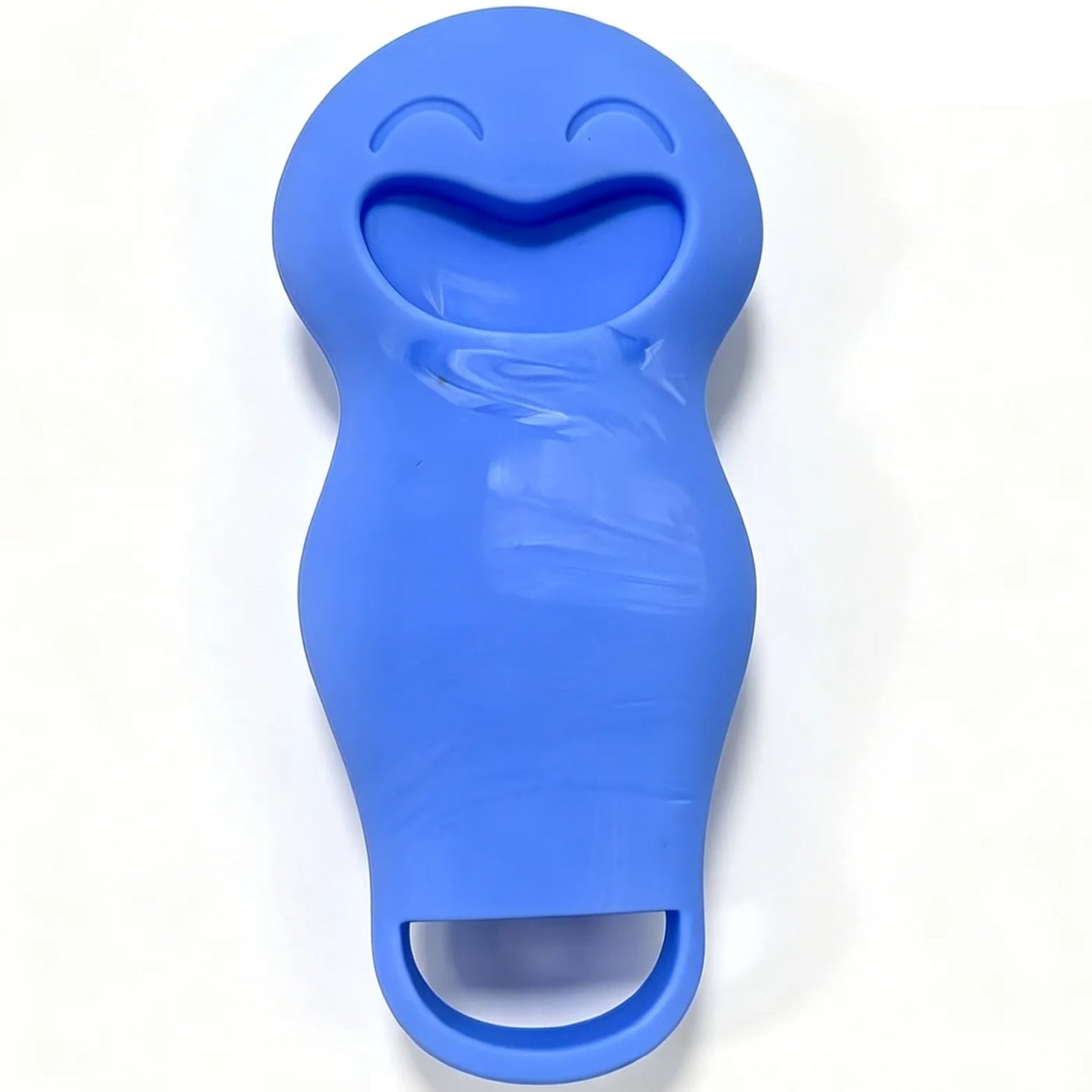 Back of a blue silicone product with a smiley face design on a white background
