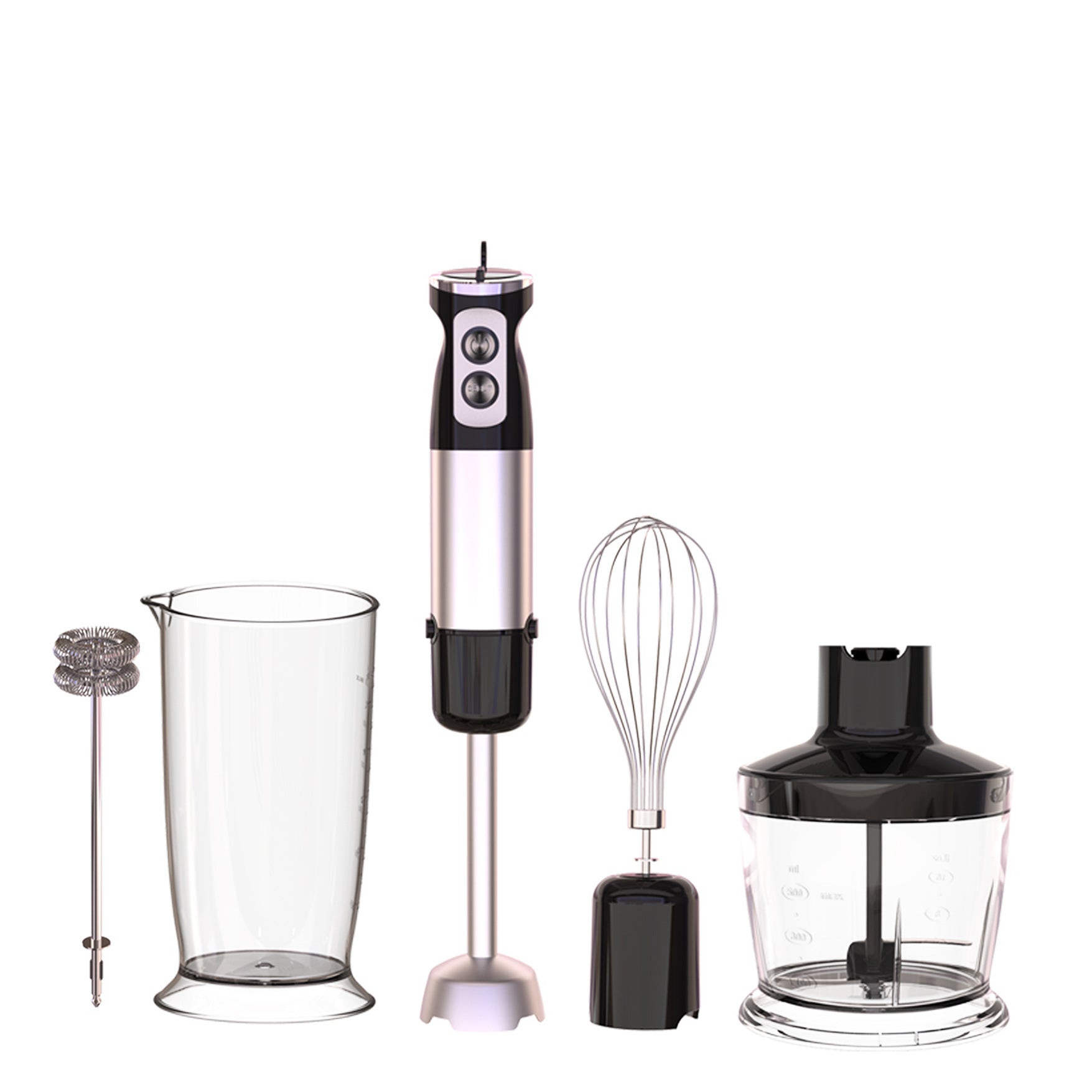Set of kitchen tools including a hand blender, beaker, whisk, and chopper on a white background