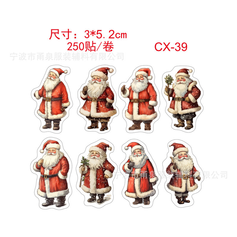 Set of Santa Claus stickers with dimensions and roll quantity information on a white background.