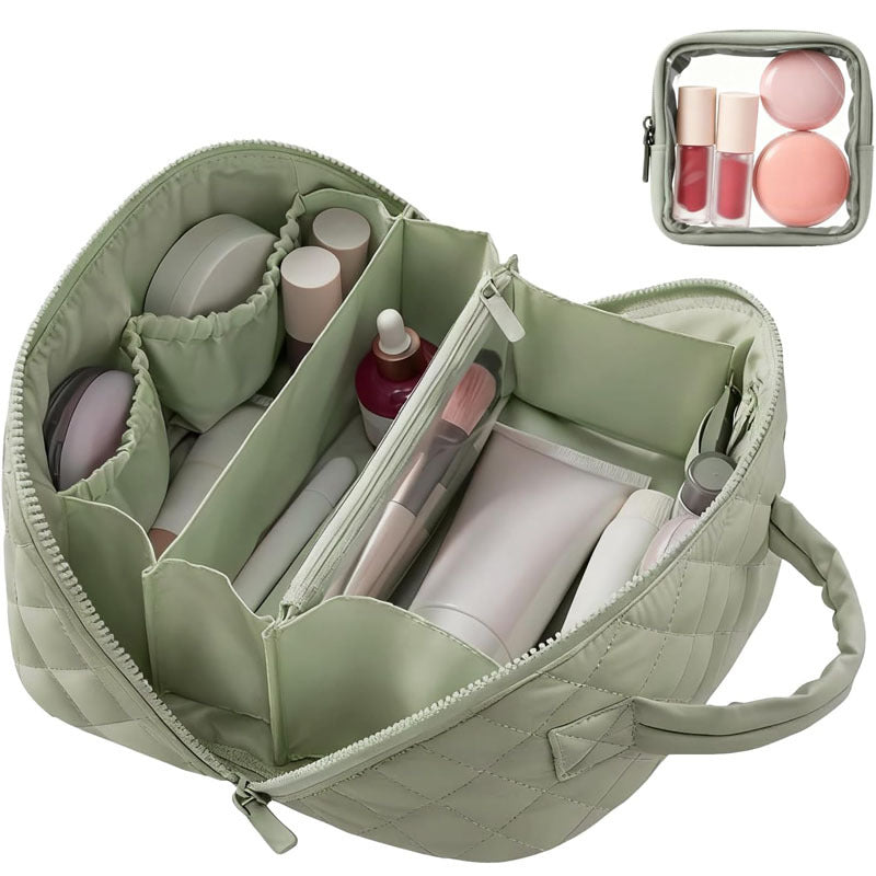 Green makeup organizer with compartments filled with cosmetic items on a white background