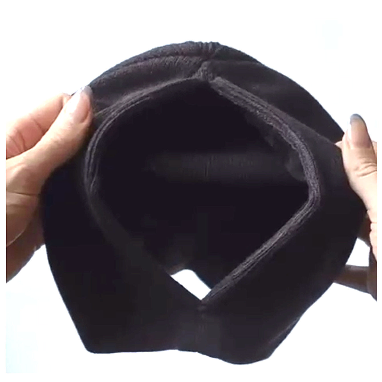 Black toque showing the ponytail opening in the back on a white background