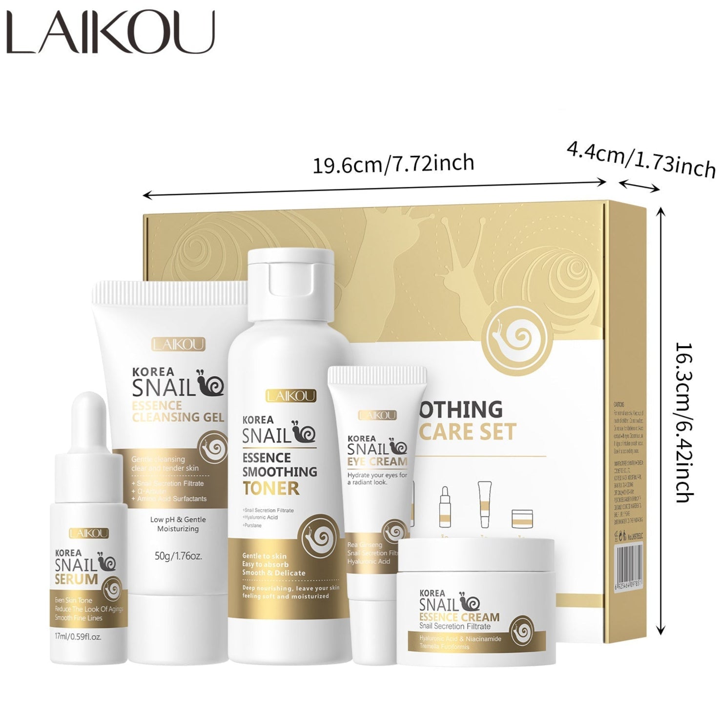 LAIKOU Korean Snail skincare set with packaging dimensions displayed