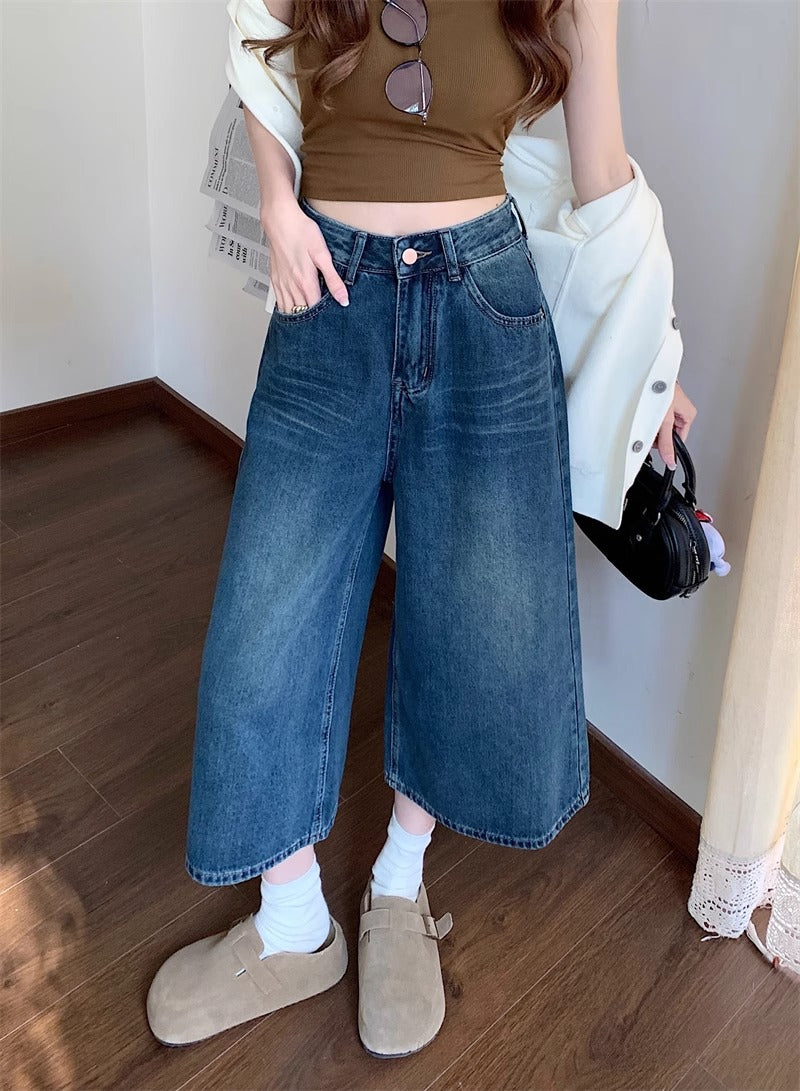 Retro Denim Wide-Leg Cropped Jeans | Women's High-Waist, Available in Plus Sizes