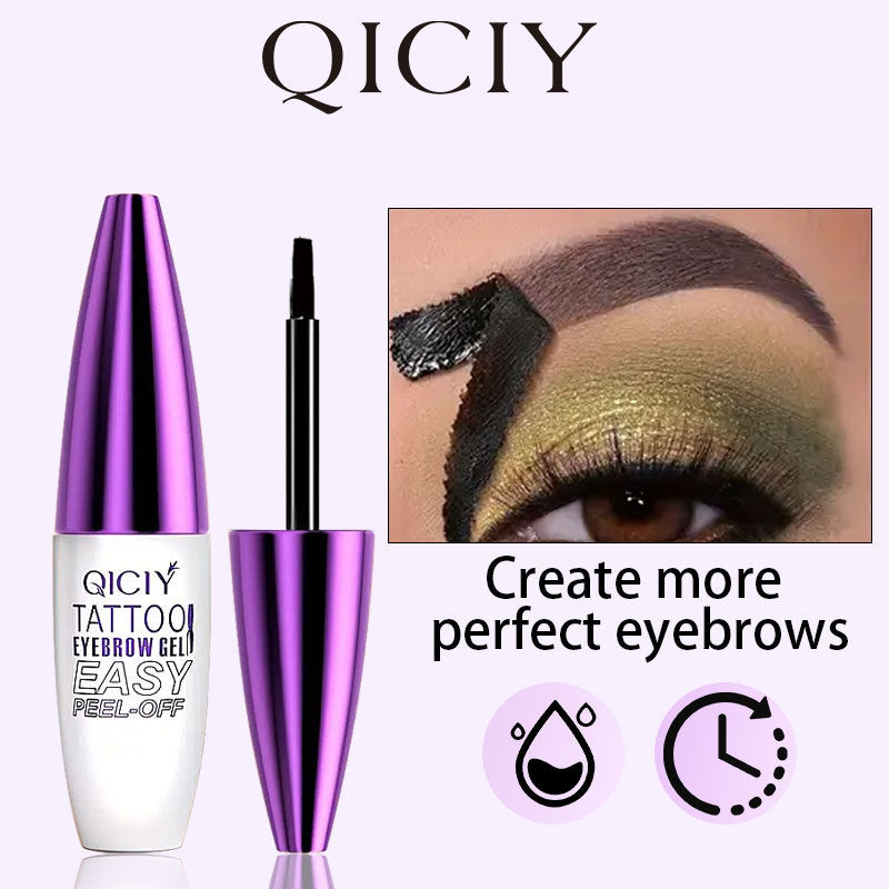 QICIY tattoo eyebrow gel with packaging and application on eyebrows.