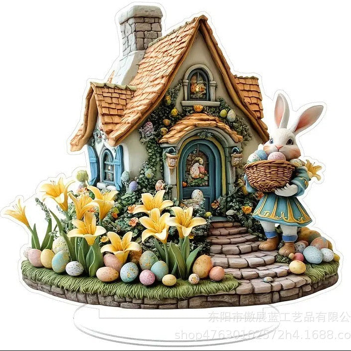 Decorative figurine of a house with a rabbit holding Easter eggs on a white background
