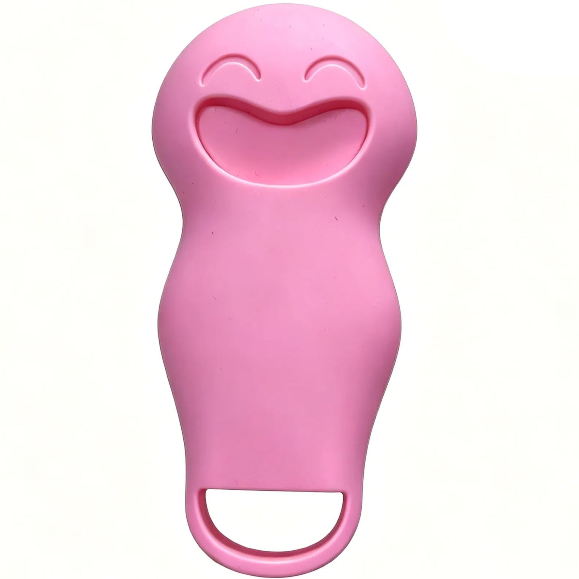 Back of Pink silicone scrubber with smiley face on a white background
