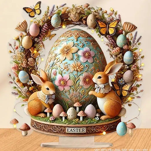 Decorative Easter egg with rabbits, flowers, and eggs on a stand with '2D Flat Printing' text above.