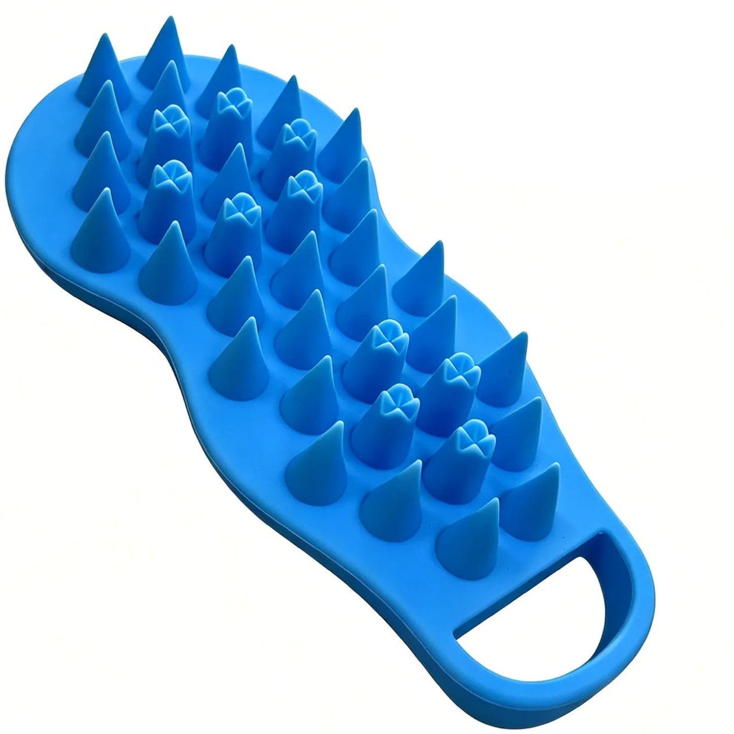 Blue silicone scrubber with textured surface on a white background