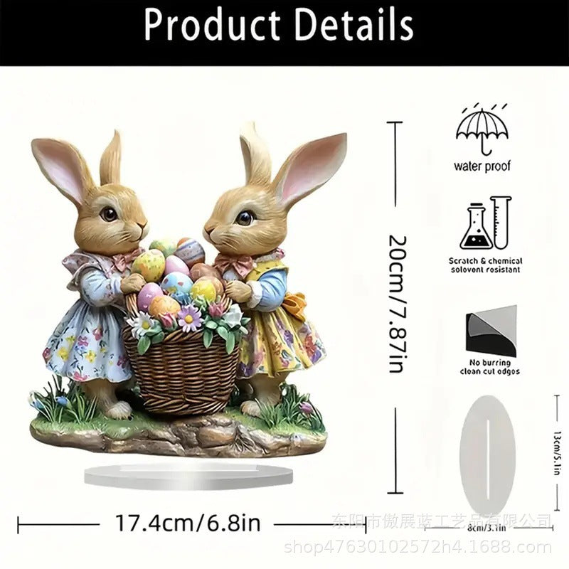 Decorative figurine of two rabbits with a basket of Easter eggs and flowers, featuring product details on a white background.