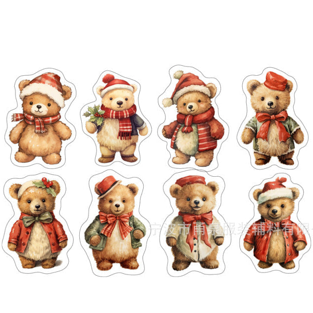 Set of Christmas-themed bear stickers with red hats and scarves on a white background.