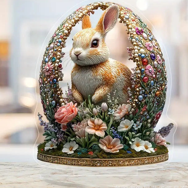 Decorative figurine of a rabbit in a floral and beaded egg