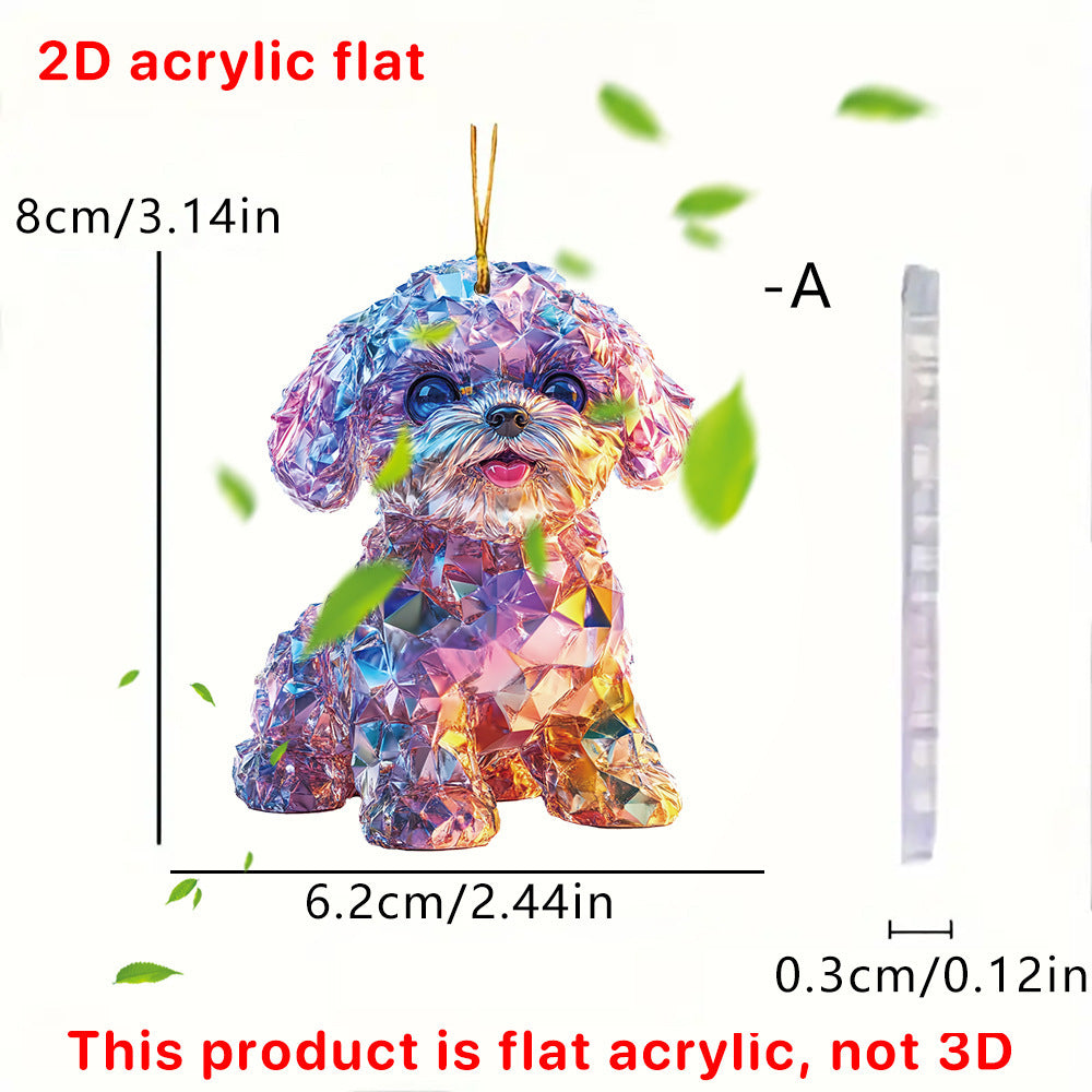 Colorful acrylic dog-shaped ornament with measurements and a ruler for scale.