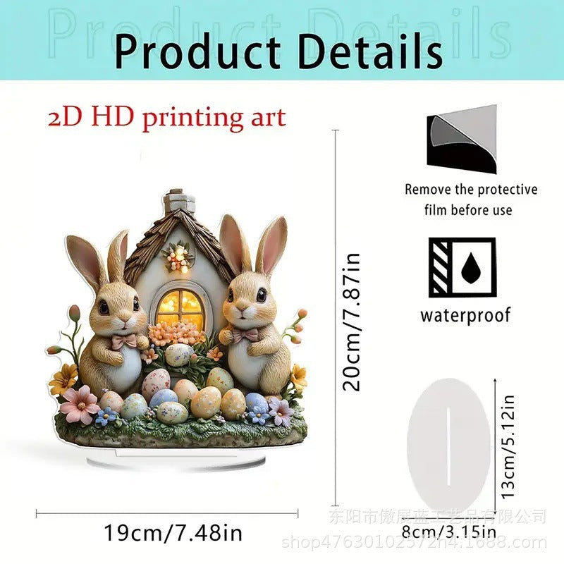 Decorative figurine of two rabbits with a small house, surrounded by flowers and eggs, with product details on a white background.