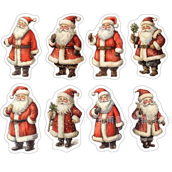 Set of Santa Claus stickers with dimensions and roll quantity information on a white background.
