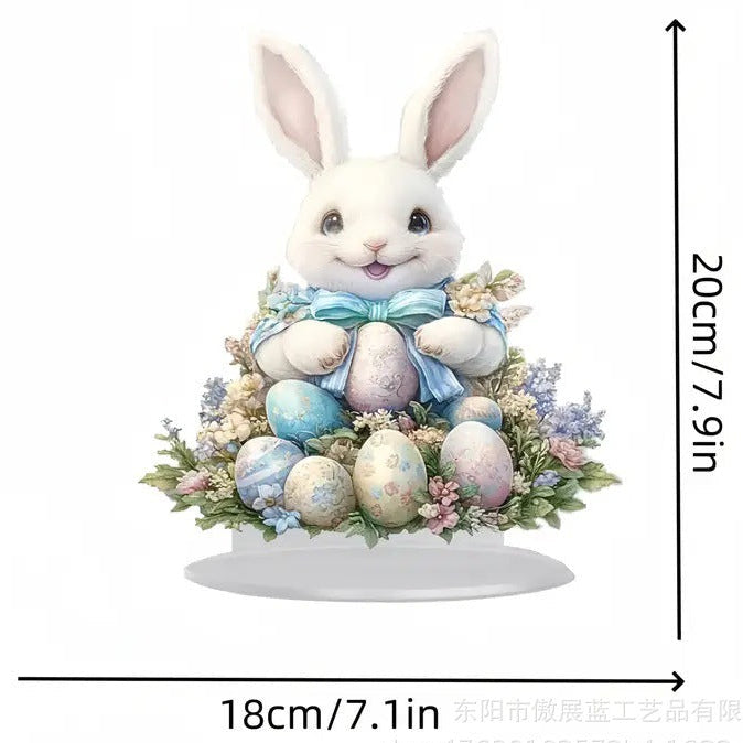 Decorative Easter bunny with eggs and flowers, shown with dimensions on a white background.