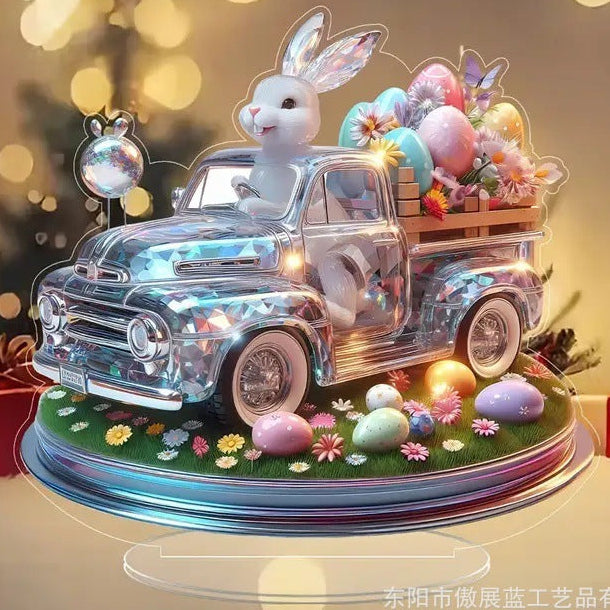 Decorative Easter scene with a truck, rabbit, and eggs on a blurred background