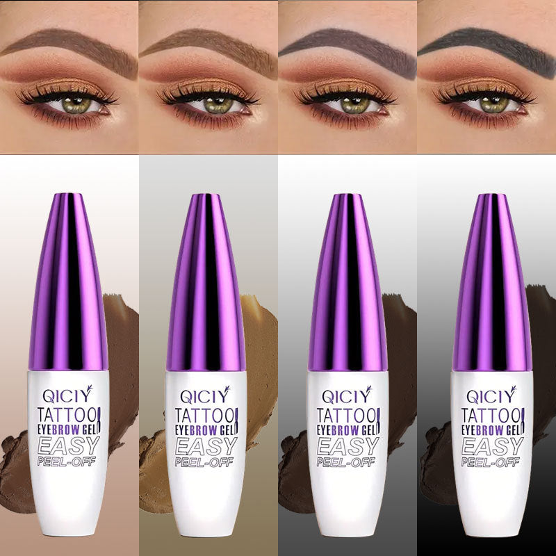 Qicyi Tattoo Eyebrow Gel bottles with close-up of eye makeup application.