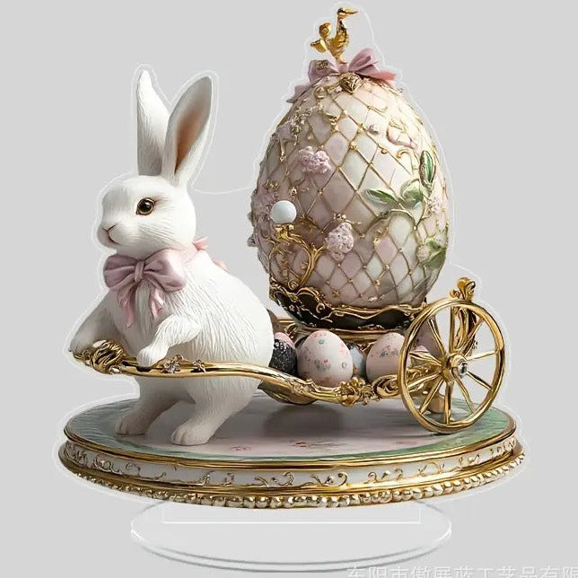 Decorative figurine with a rabbit and ornate egg on a gray background