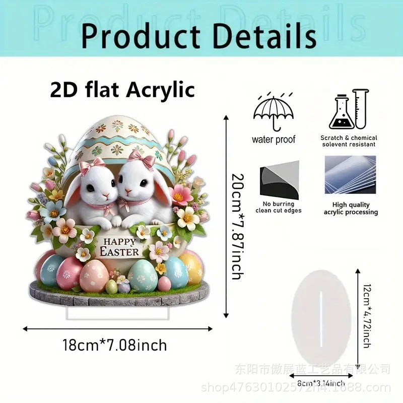 Easter-themed 2D flat acrylic product with rabbits, eggs, flowers, and "Happy Easter", featuring product details and dimensions.