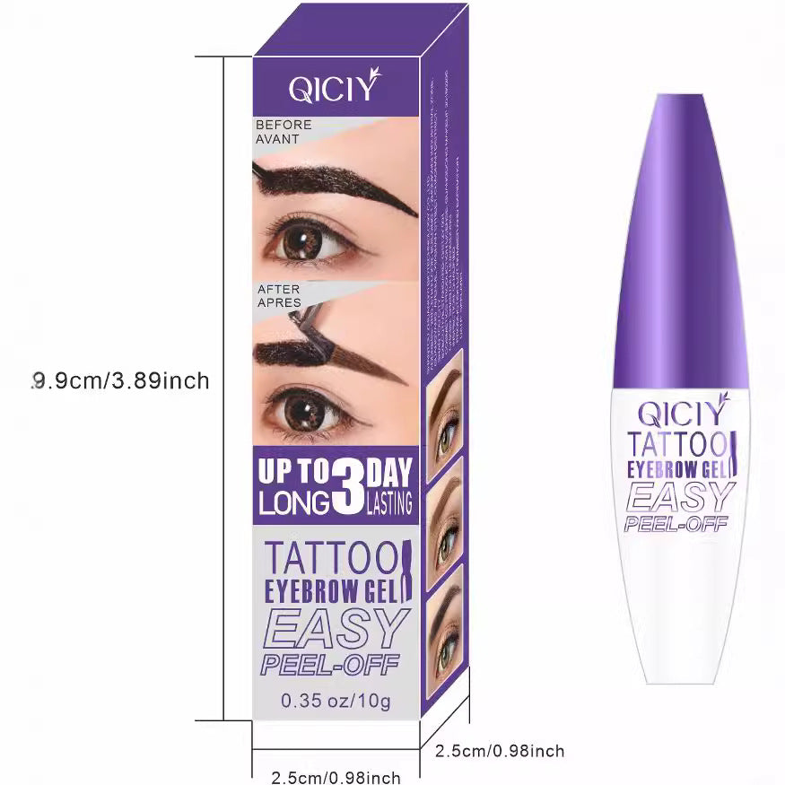 QICIV tattoo eyebrow gel packaging with measurements and before-and-after effect on eyes.