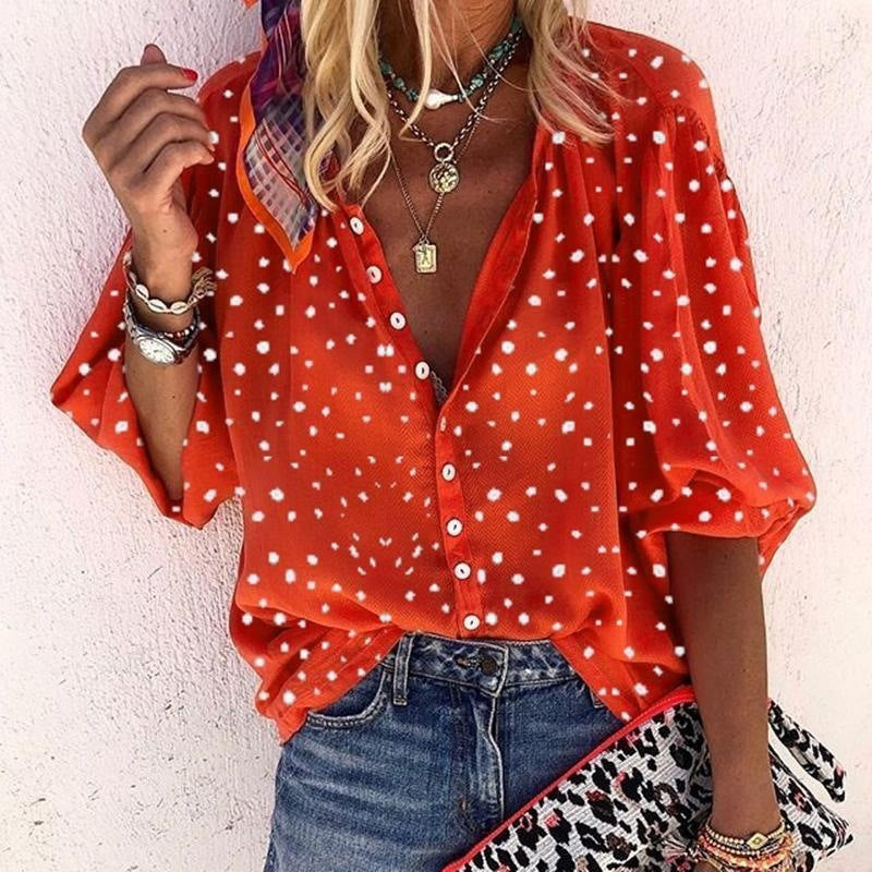 Polka Dot Relaxed Lapel Shirt | Women's 3/4 Sleeve Button-Down