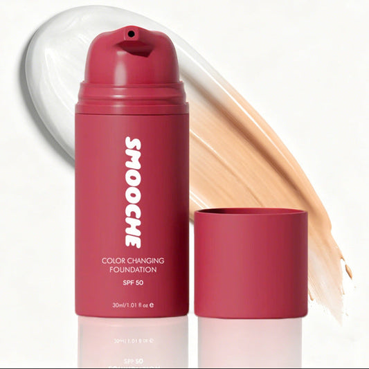 Smooche colour-changing foundation bottle with a swatch of foundation on a white background