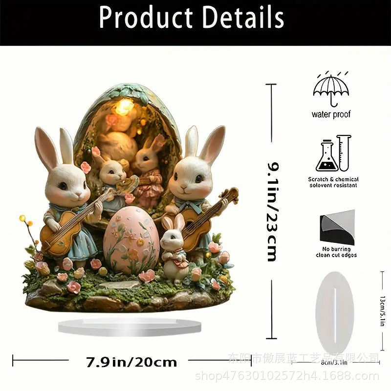 Decorative family of rabbits with a glowing egg, surrounded by product details.