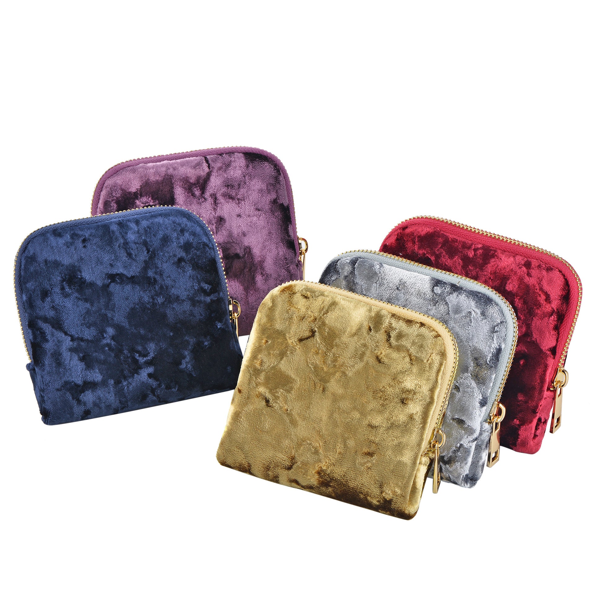 Set of five crushed velvet looking jewellery pouches in different colours on a white background