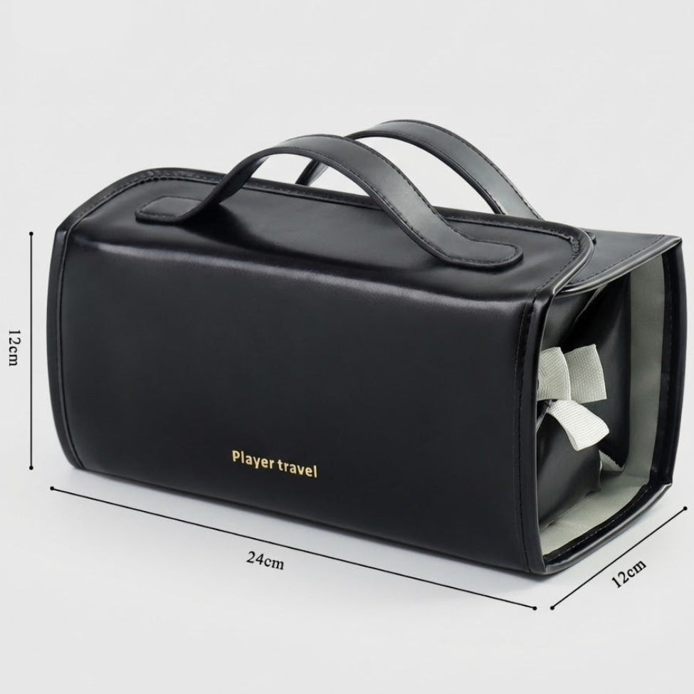 Black cosmetic travel bag with dimensions and 'Player travel' branding on a light gray background