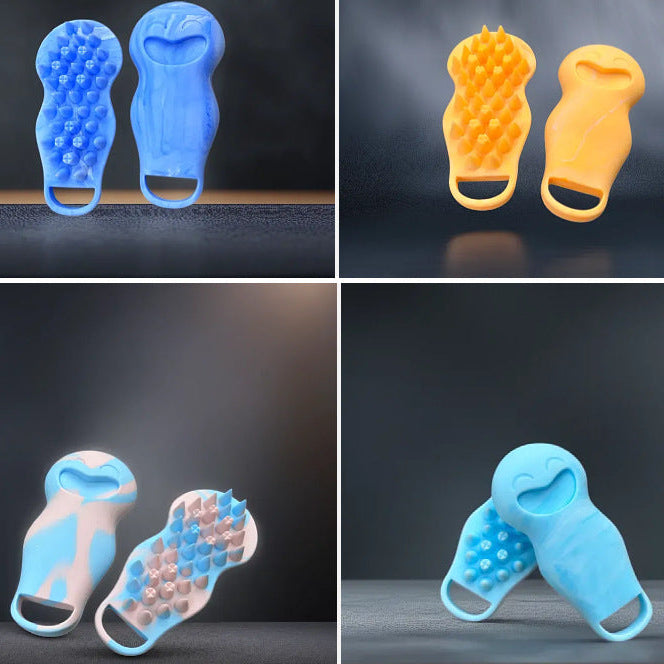 Four views of blue and yellow scalp massage tools on a dark background