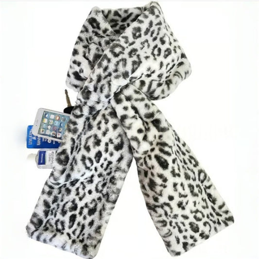 Leopard print scarf with a phone and charger showing out of a secret pocket on a white background