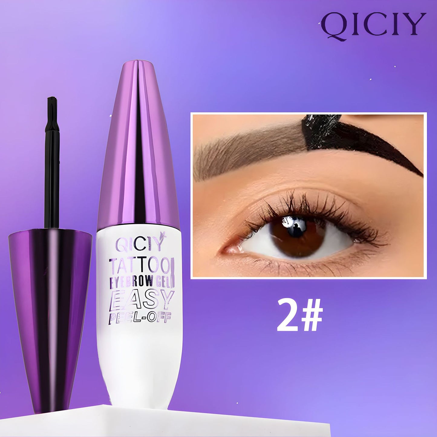 2-Light Brown QICIY tattoo eyebrow gel with close-up of eye and eyebrow on purple background