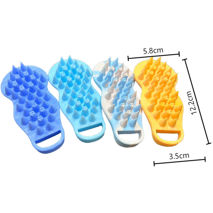 Four silicone scalp brushes in blue, white, and yellow with measurements on a white background.
