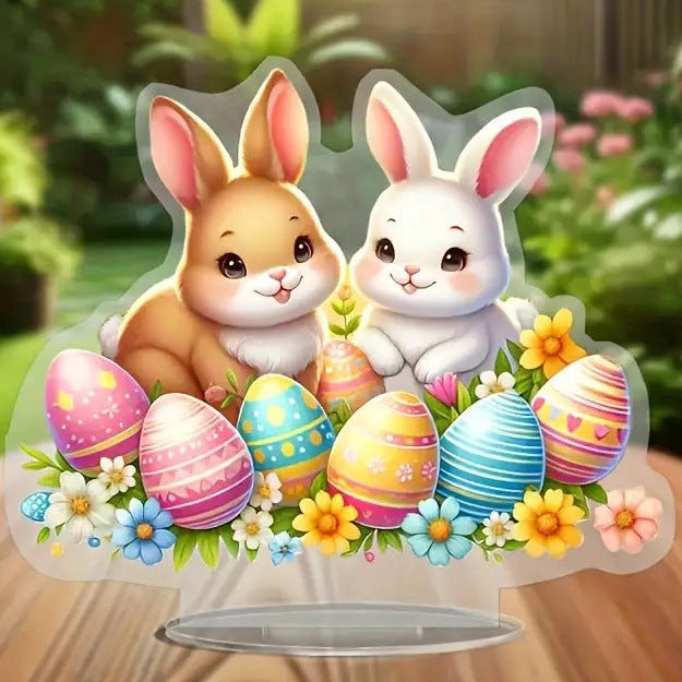 Decorative stand with cartoon bunnies and Easter eggs on a wooden surface with a garden background.