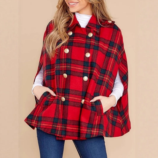 Vintage Plaid Cape Coat | Double-Breasted Fall/Winter Poncho