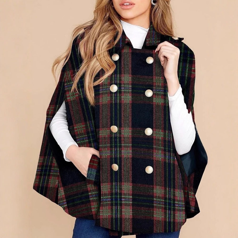 Vintage Plaid Cape Coat | Double-Breasted Fall/Winter Poncho