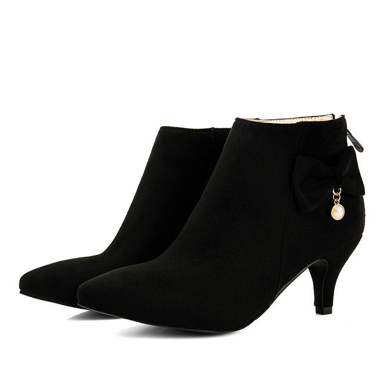 Sweet Bow Faux Suede Kitten Heel Ankle Boots | Extended Sizing CN 33-48, Limited Inventory