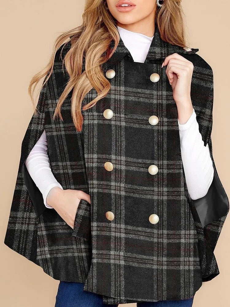 Vintage Plaid Cape Coat | Double-Breasted Fall/Winter Poncho