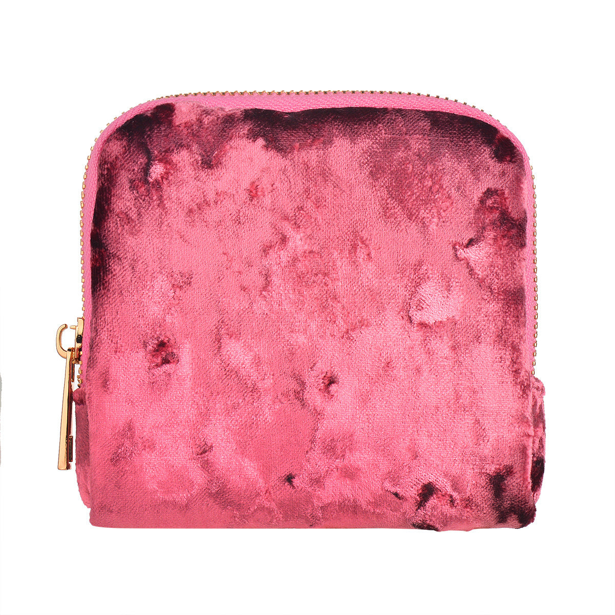 Pink crushed velvet looking pouch with a gold zipper on a white background