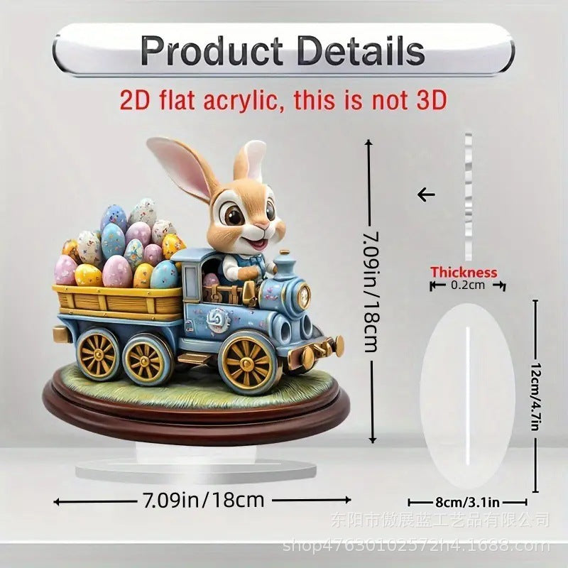 Decorative figurine of a rabbit on a train with Easter eggs, shown with measurements.