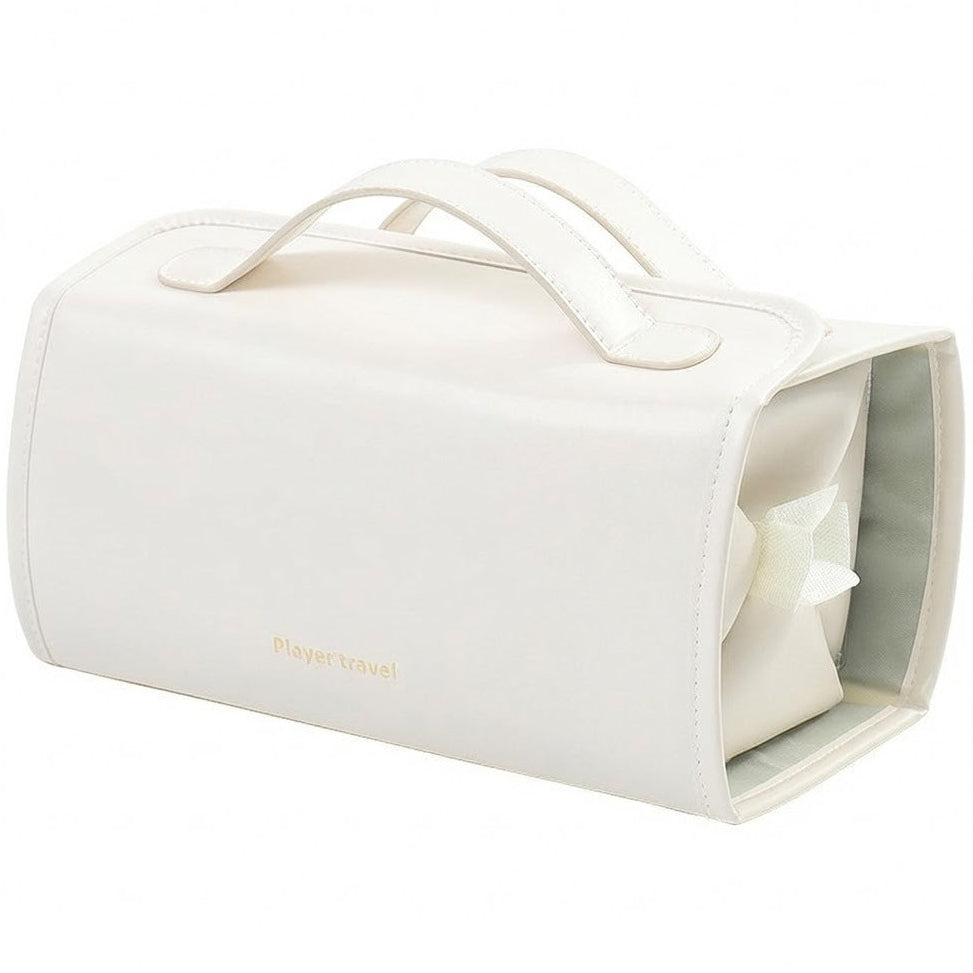 Off-white cosmetic bag with a handle on a white background