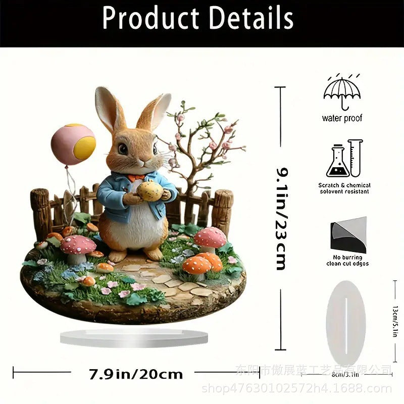Decorative figurine of a rabbit with a balloon, surrounded by plants and a fence, on a white background.