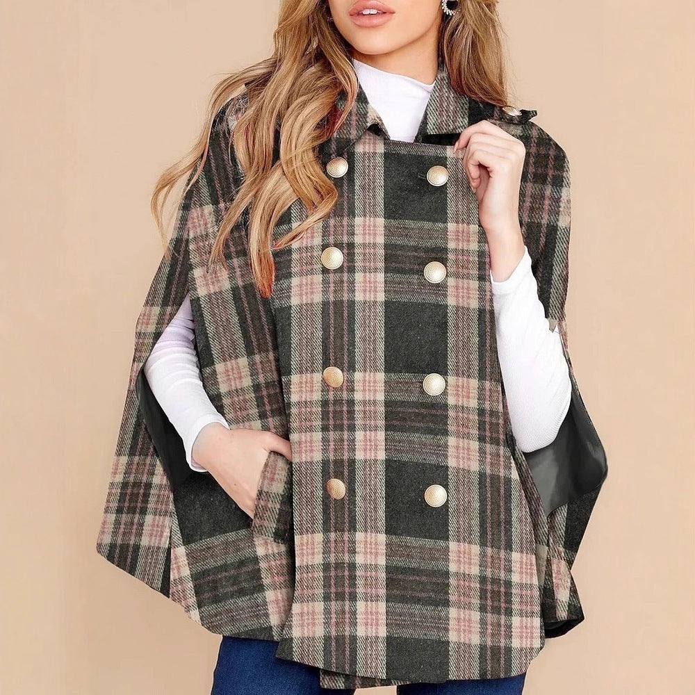 Vintage Plaid Cape Coat | Double-Breasted Fall/Winter Poncho